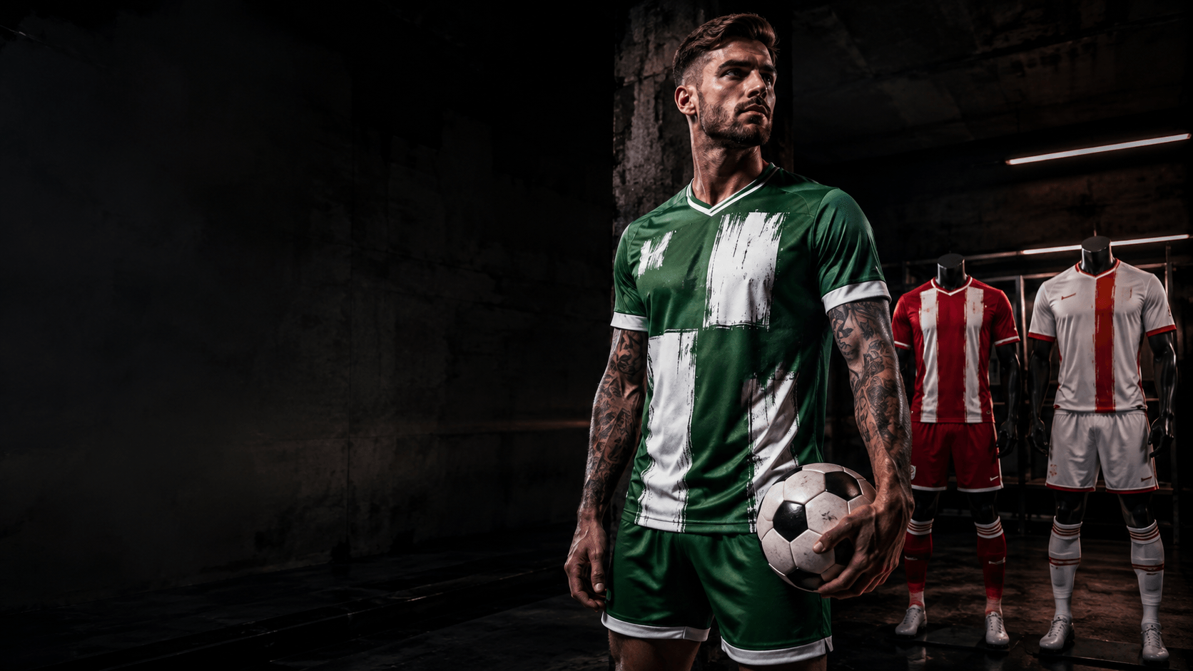 Male model in green and white football kit with red and white kits behind.