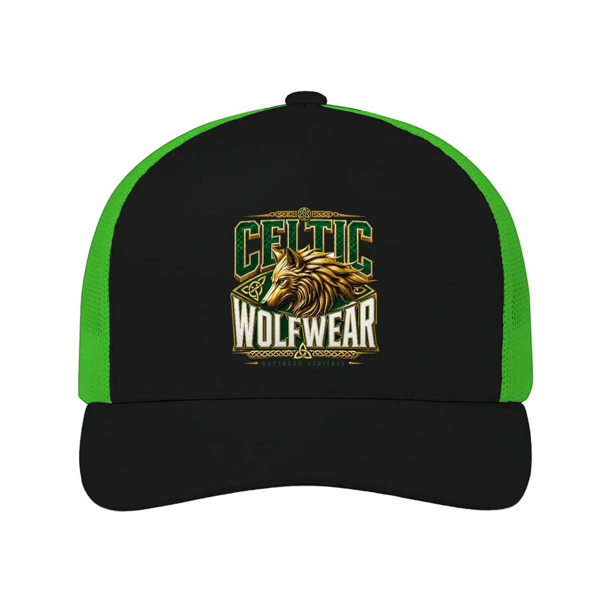 Black and green cap with 'Celtic Wolfwear' logo on a white background