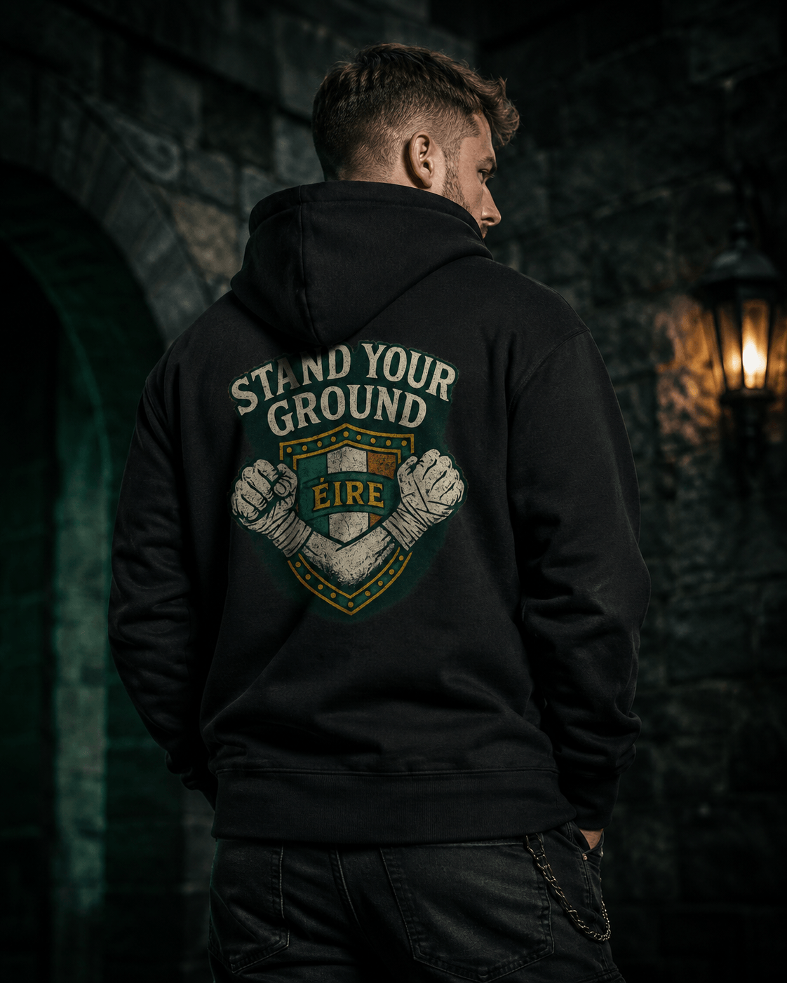 Model wearing a black Celtic Wolfwear hoodie with Stand Your Ground Irish heritage back print