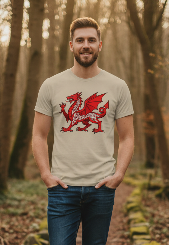 Stone beige T-shirt with red Celtic knot dragon graphic on the chest