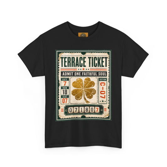 Terrace Ticket T‑Shirt – Vintage Concert Ticket Graphic with Four‑Leaf Clover - Celtic Wolfwear