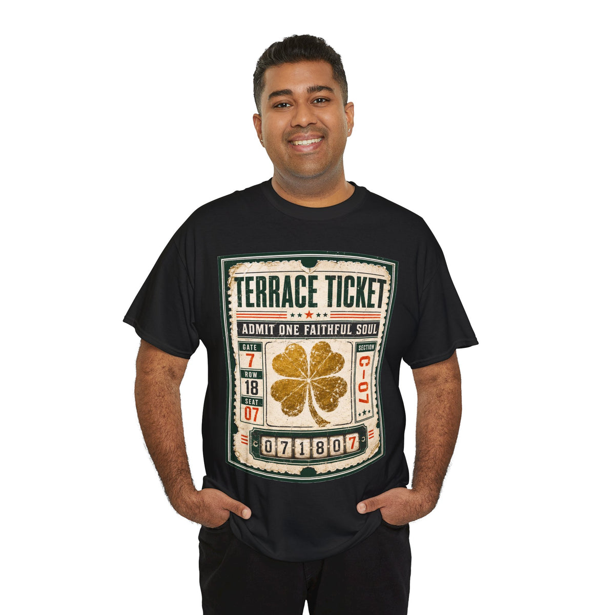 Terrace Ticket T‑Shirt – Vintage Concert Ticket Graphic with Four‑Leaf Clover - Celtic Wolfwear