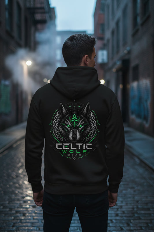 Black hooded sweatshirt with large back wolf graphic and Celtic logo