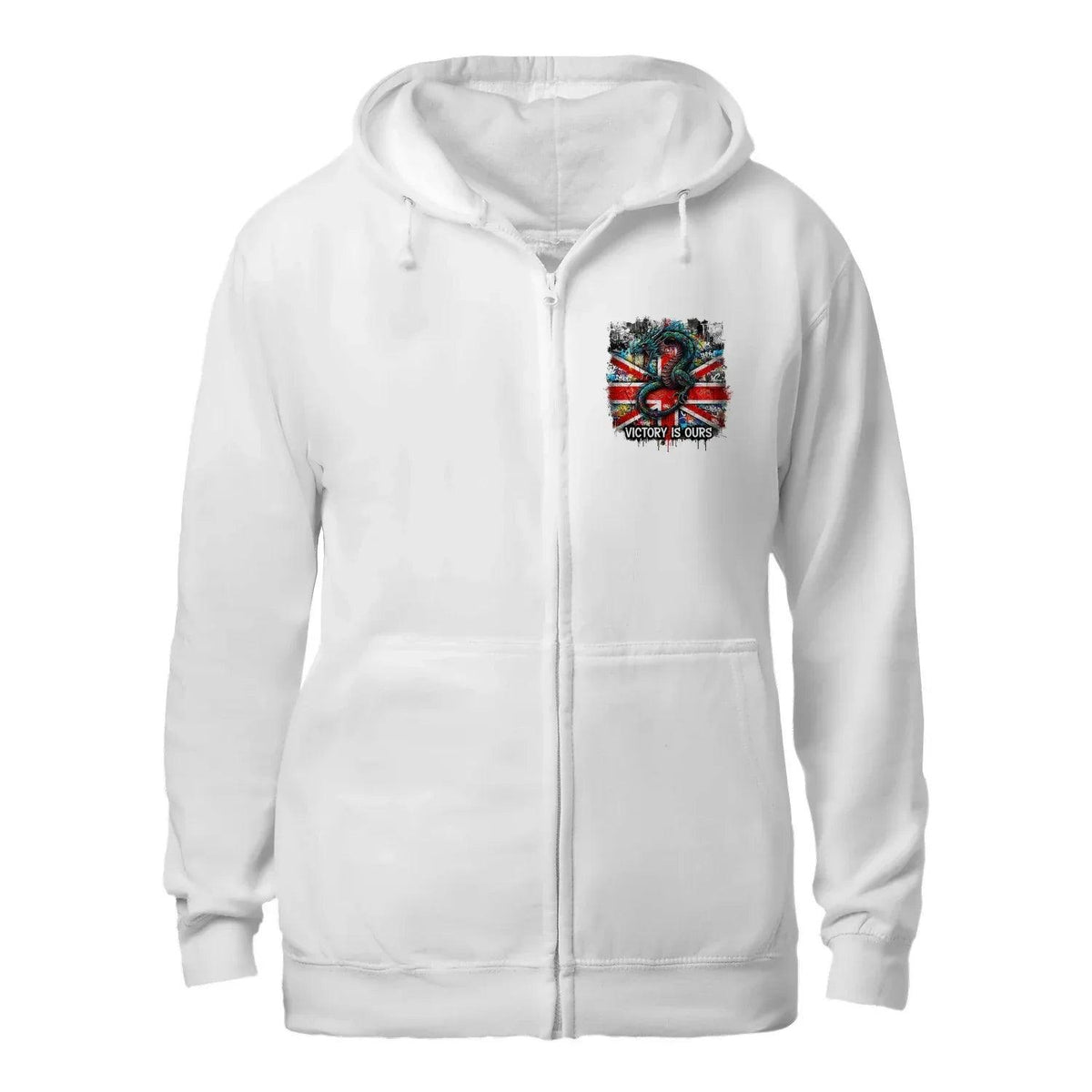 Union Jack Zip Hoodie - Dragon Chest Print White Unisex - Celtic Wolfwear