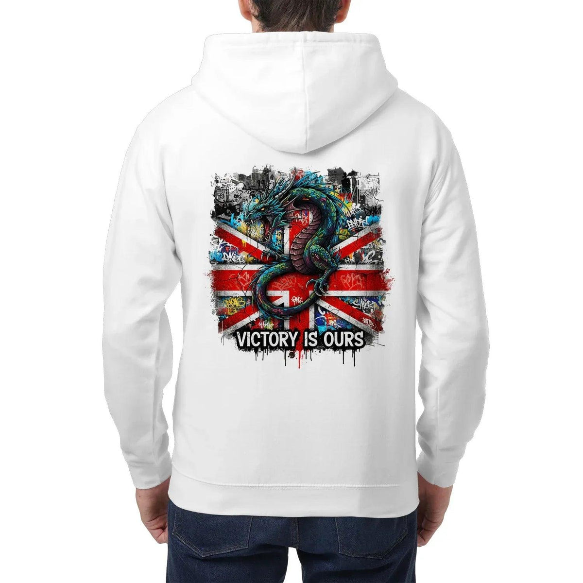 Union Jack Zip Hoodie - Dragon Chest Print White Unisex - Celtic Wolfwear