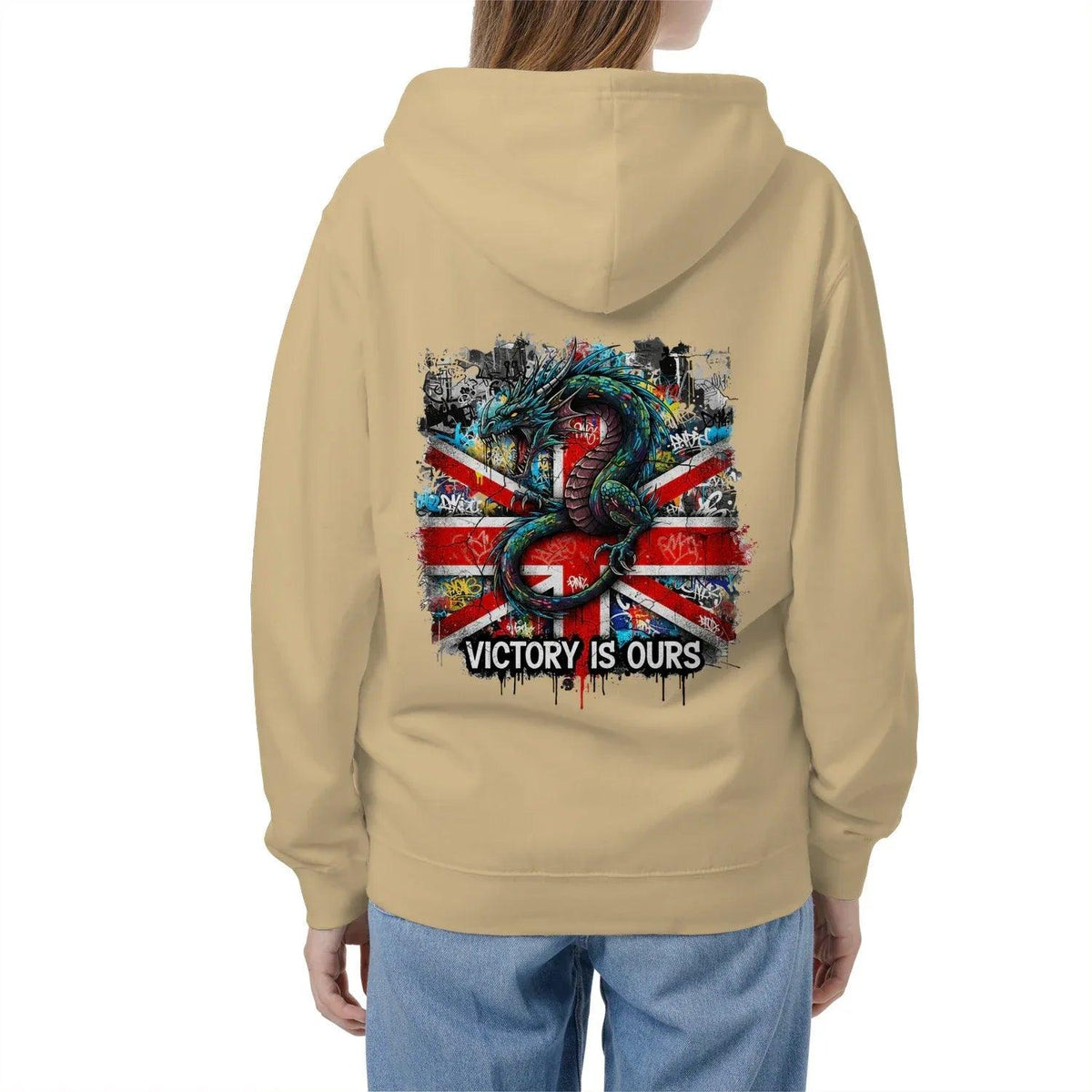 Union Jack Zip Hoodie - Dragon Chest Print White Unisex - Celtic Wolfwear