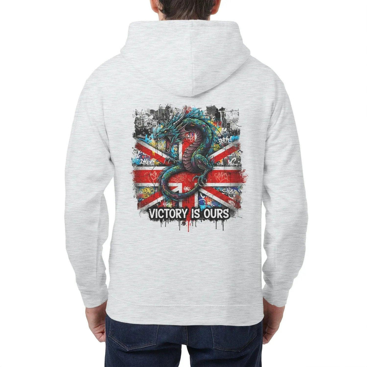 Union Jack Zip Hoodie - Dragon Chest Print White Unisex - Celtic Wolfwear
