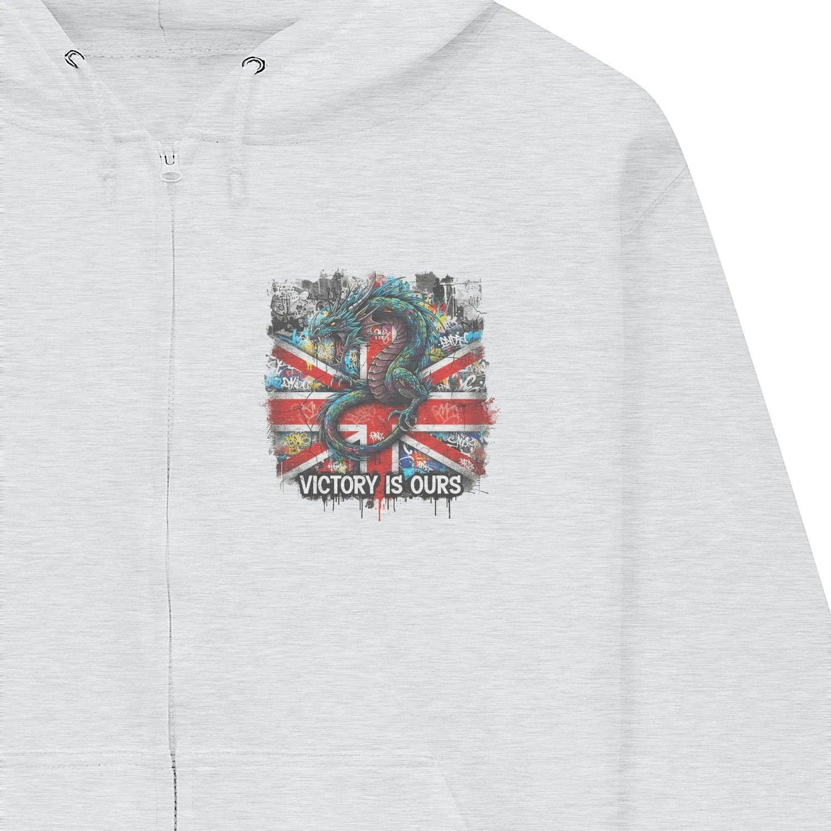 Union Jack Zip Hoodie - Dragon Chest Print White Unisex - Celtic Wolfwear