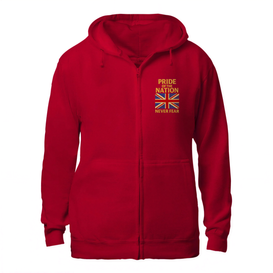 Union Jack Zip Hoodie - Pride of the Nation Gold Text Red - Celtic Wolfwear