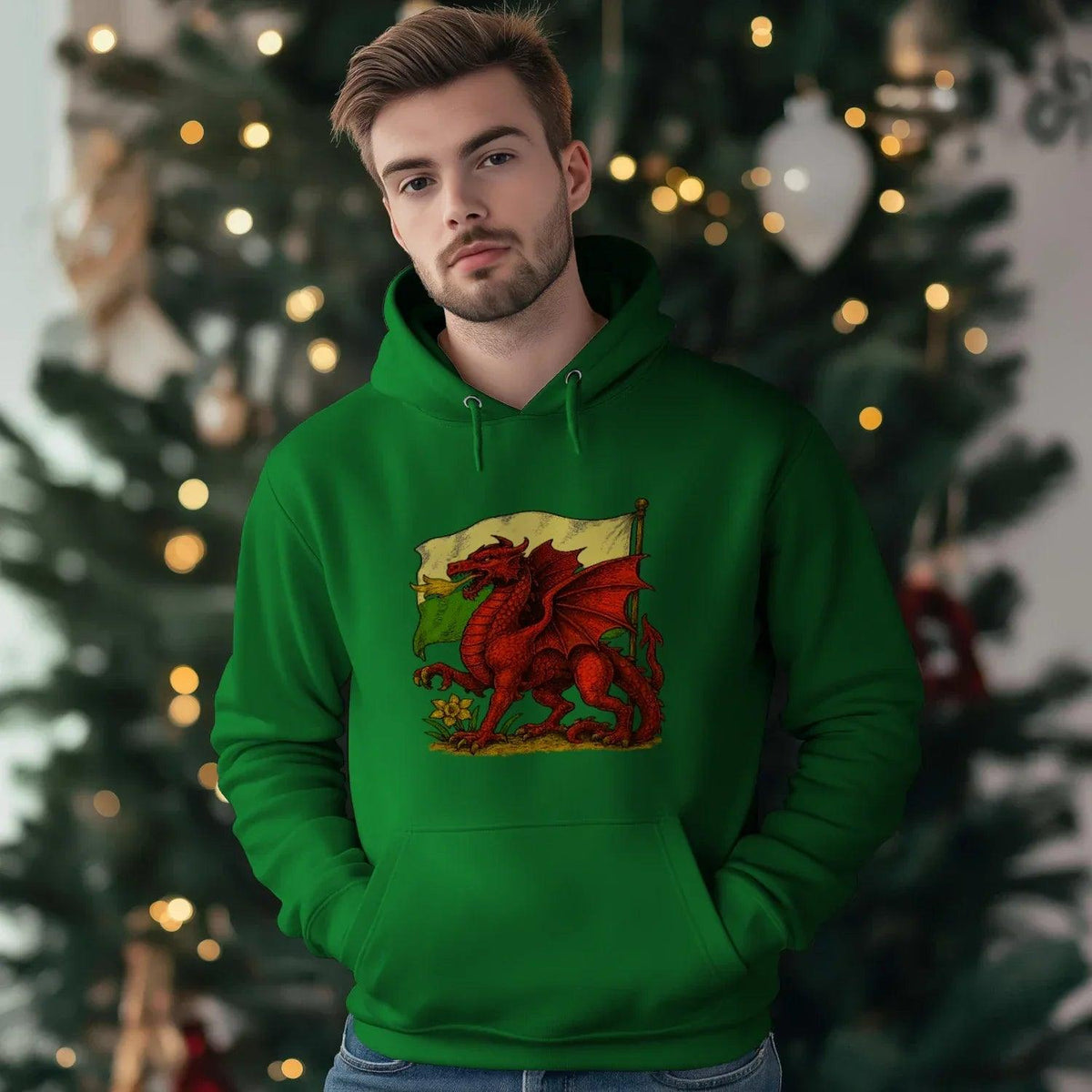 Welsh Dragon Hoodie - Distressed Flag Unisex Streetwear - Celtic Wolfwear