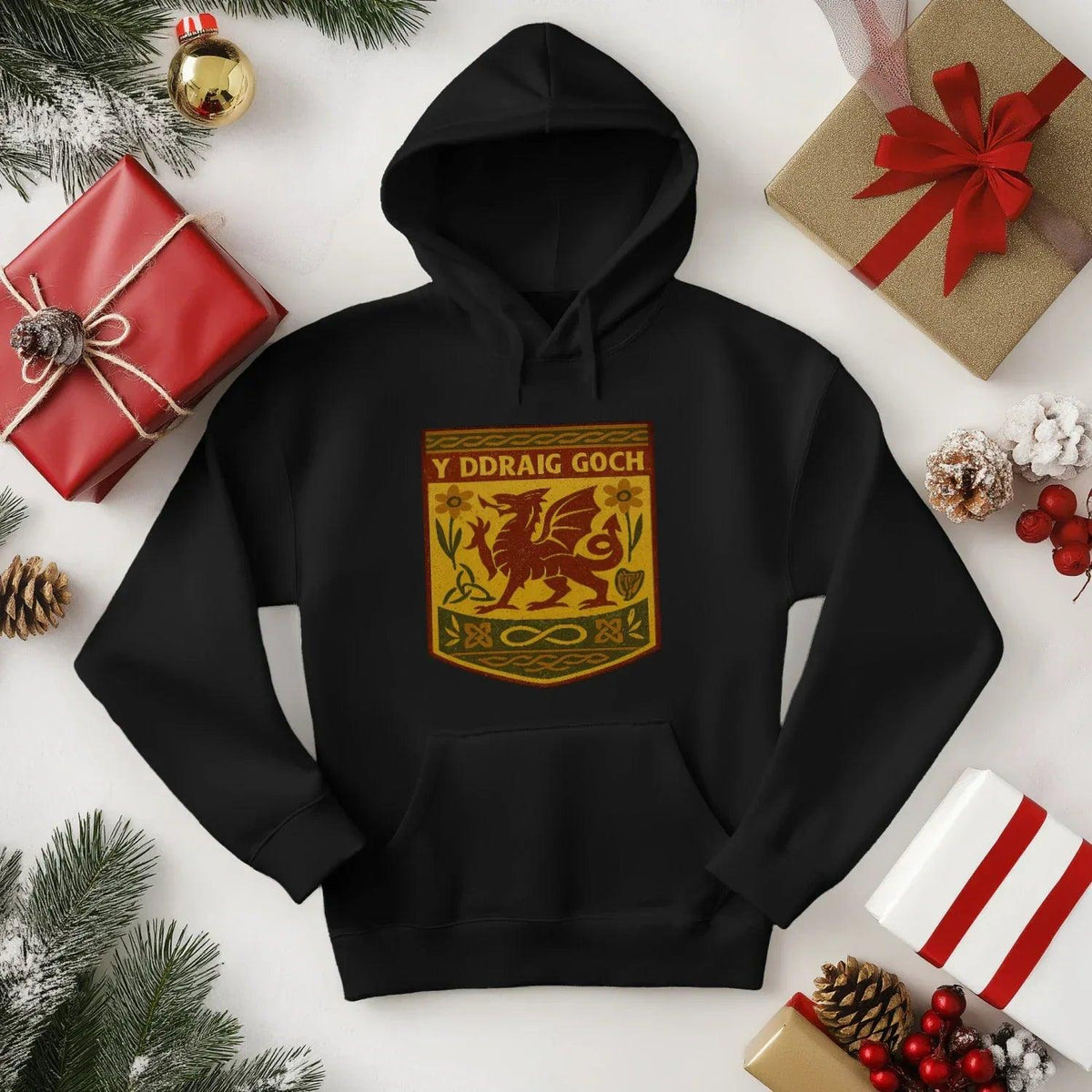 Welsh Dragon Hoodie - Gold Shield UK, Unisex Streetwear - Celtic Wolfwear