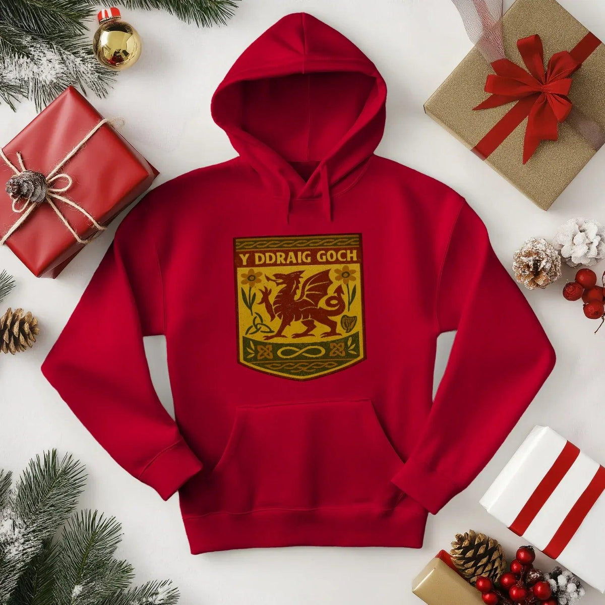 Welsh Dragon Hoodie - Gold Shield UK, Unisex Streetwear - Celtic Wolfwear