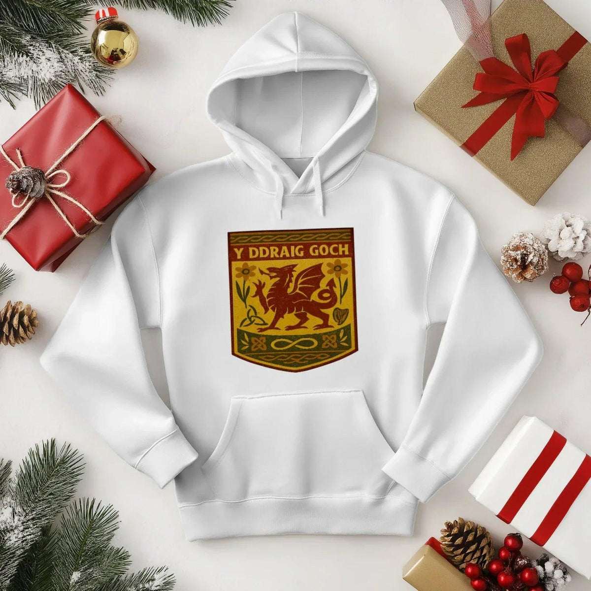 Welsh Dragon Hoodie - Gold Shield UK, Unisex Streetwear - Celtic Wolfwear