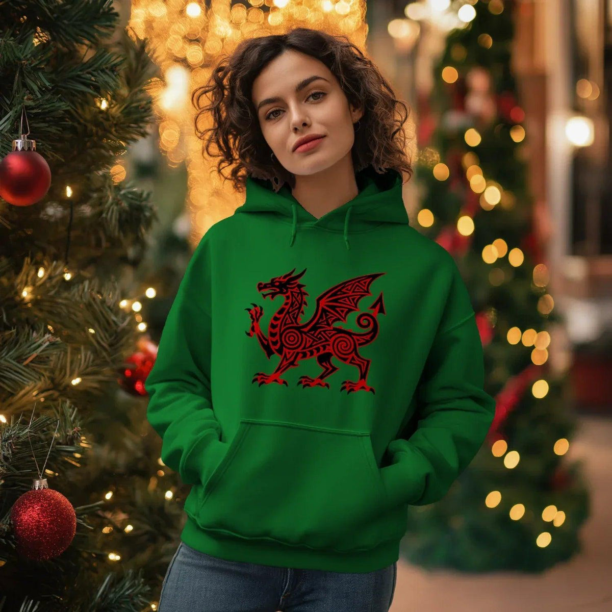 Welsh Dragon Hoodie - Green Heritage Uxop Unisex Streetwear - Celtic Wolfwear