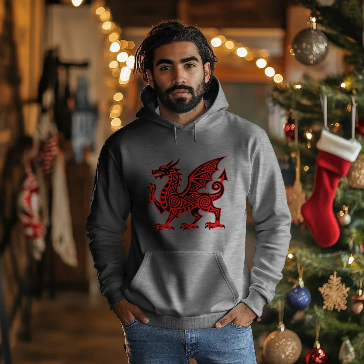 Welsh Dragon Hoodie - Green Heritage Uxop Unisex Streetwear - Celtic Wolfwear