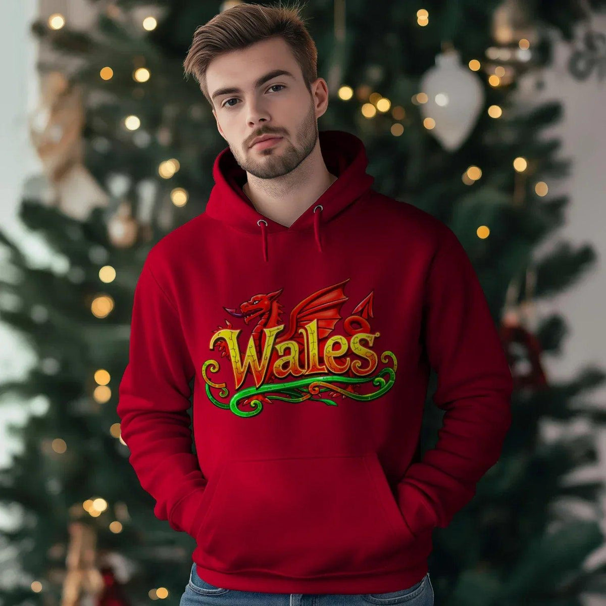 Welsh Dragon Hoodie - Ornate Fire Red Unisex Streetwear - Celtic Wolfwear
