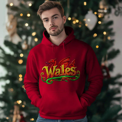 Welsh Dragon Hoodie - Ornate Fire Red Unisex Streetwear - Celtic Wolfwear