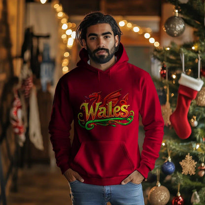 Welsh Dragon Hoodie - Ornate Fire Red Unisex Streetwear - Celtic Wolfwear