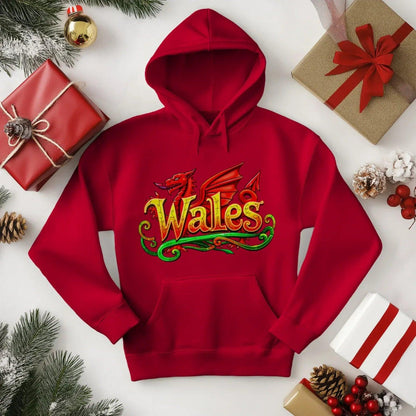 Welsh Dragon Hoodie - Ornate Fire Red Unisex Streetwear - Celtic Wolfwear