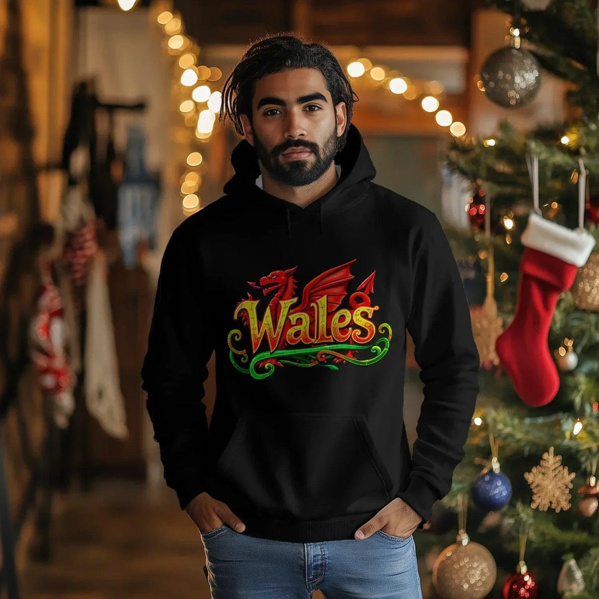 Welsh Dragon Hoodie - Ornate Fire Red Unisex Streetwear - Celtic Wolfwear