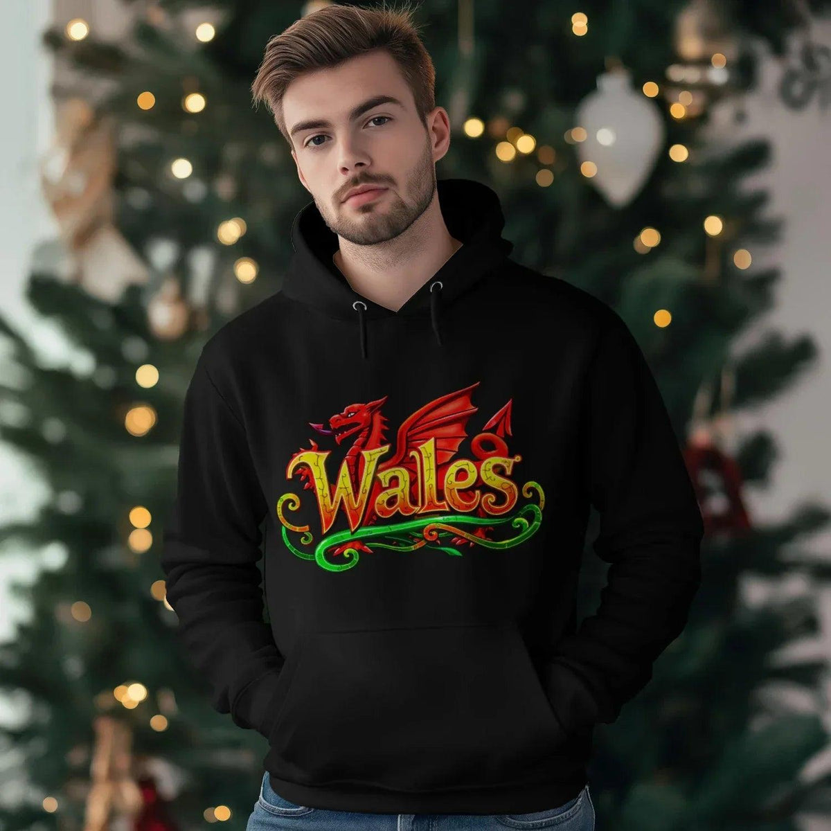 Welsh Dragon Hoodie - Ornate Fire Red Unisex Streetwear - Celtic Wolfwear