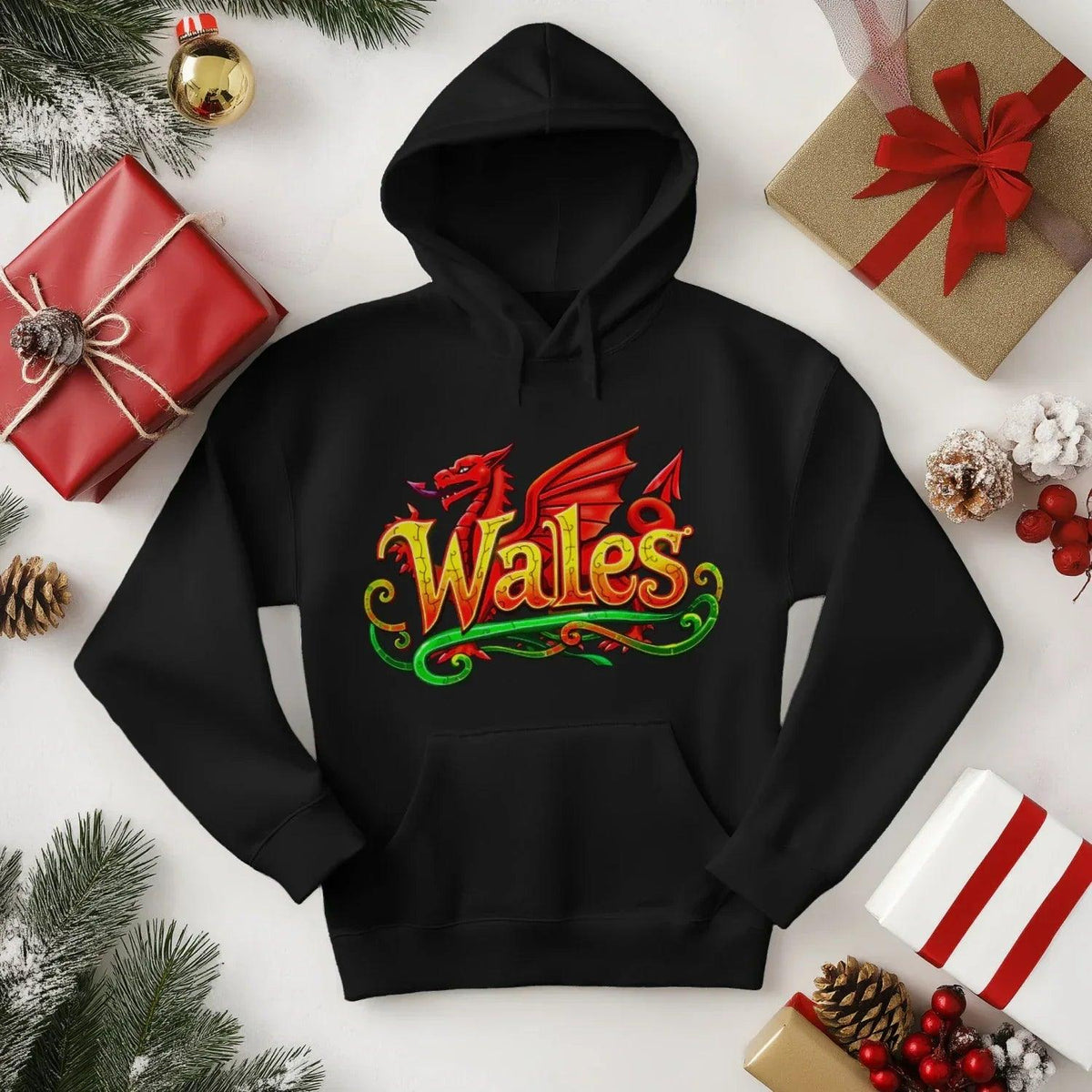 Welsh Dragon Hoodie - Ornate Fire Red Unisex Streetwear - Celtic Wolfwear