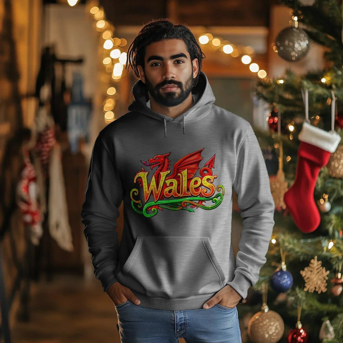 Welsh Dragon Hoodie - Ornate Fire Red Unisex Streetwear - Celtic Wolfwear