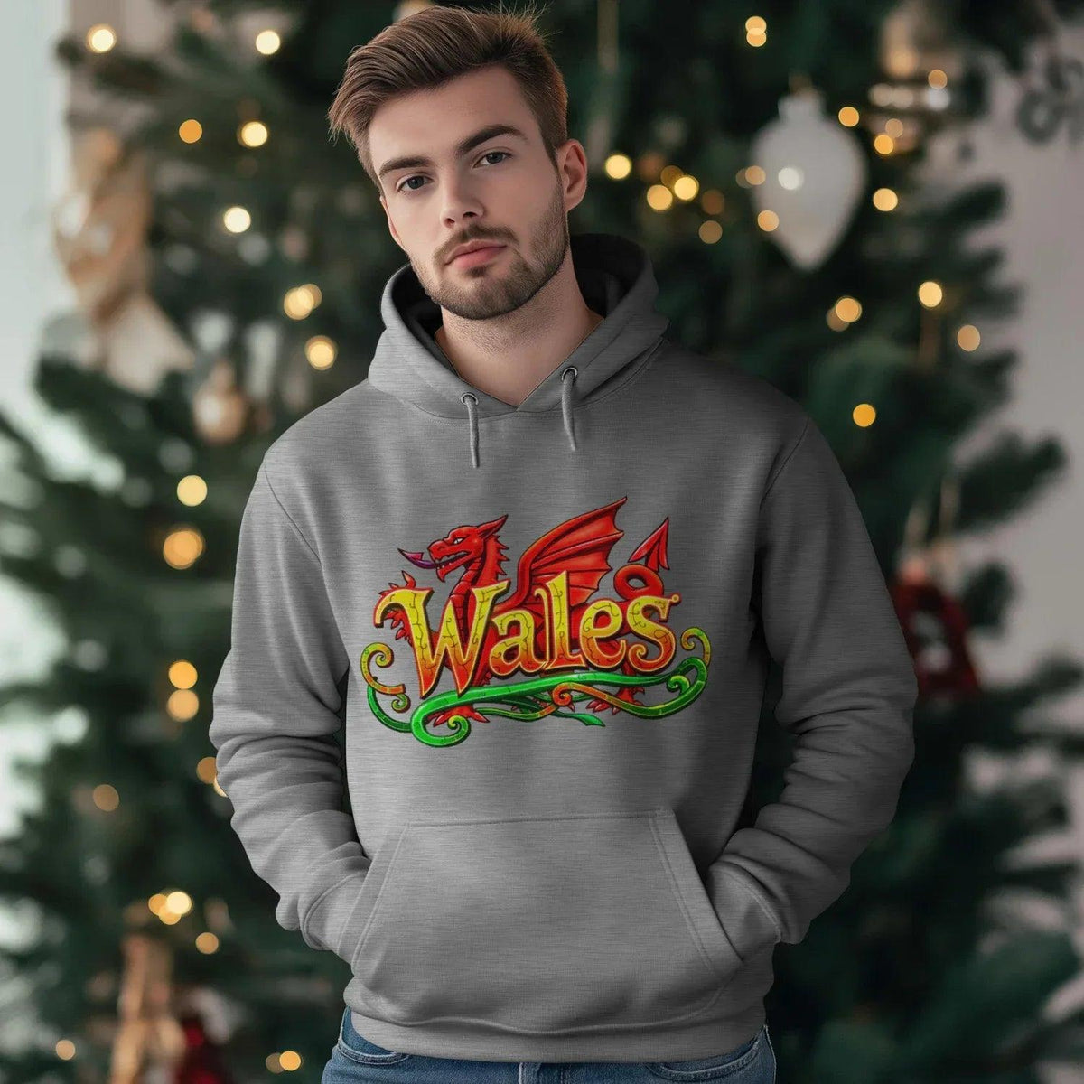 Welsh Dragon Hoodie - Ornate Fire Red Unisex Streetwear - Celtic Wolfwear