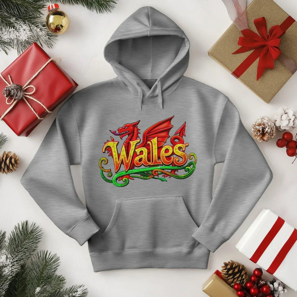 Welsh Dragon Hoodie - Ornate Fire Red Unisex Streetwear - Celtic Wolfwear