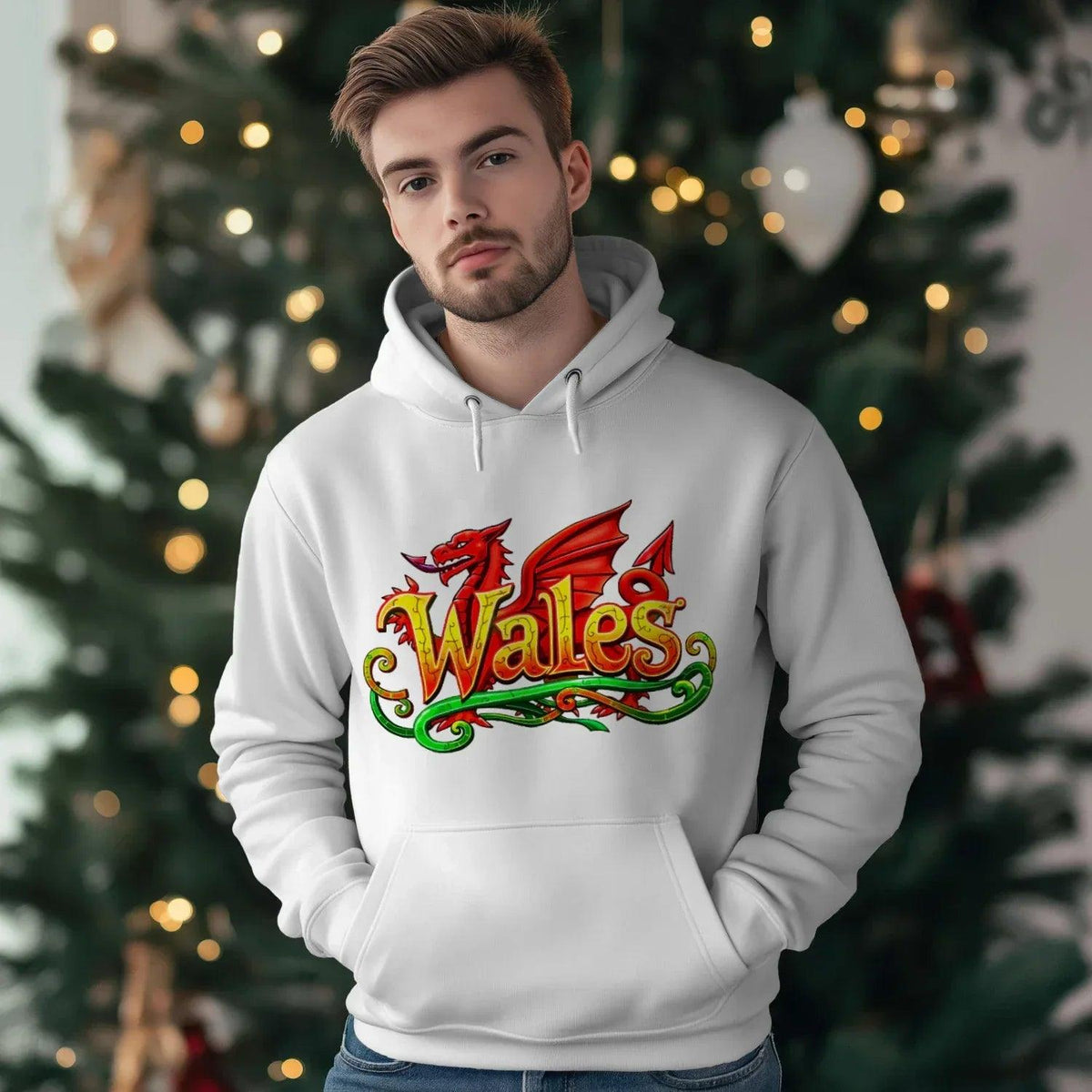 Welsh Dragon Hoodie - Ornate Fire Red Unisex Streetwear - Celtic Wolfwear