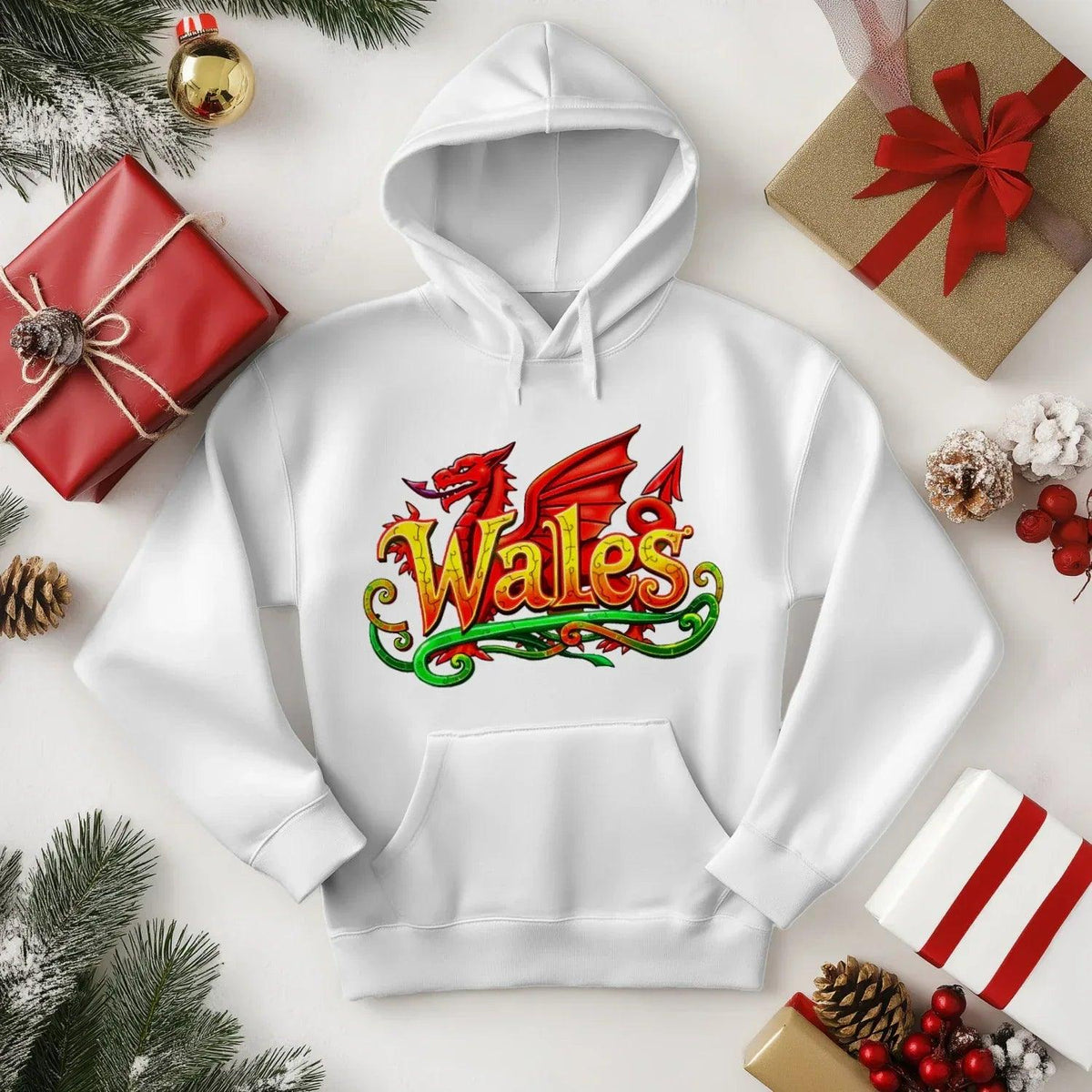 Welsh Dragon Hoodie - Ornate Fire Red Unisex Streetwear - Celtic Wolfwear