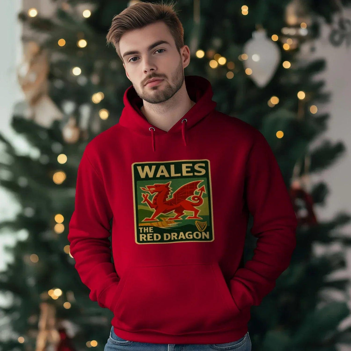Welsh Dragon Hoodie - Red Badge Pouch Unisex Streetwear - Celtic Wolfwear