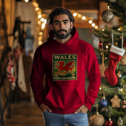 Welsh Dragon Hoodie - Red Badge Pouch Unisex Streetwear - Celtic Wolfwear
