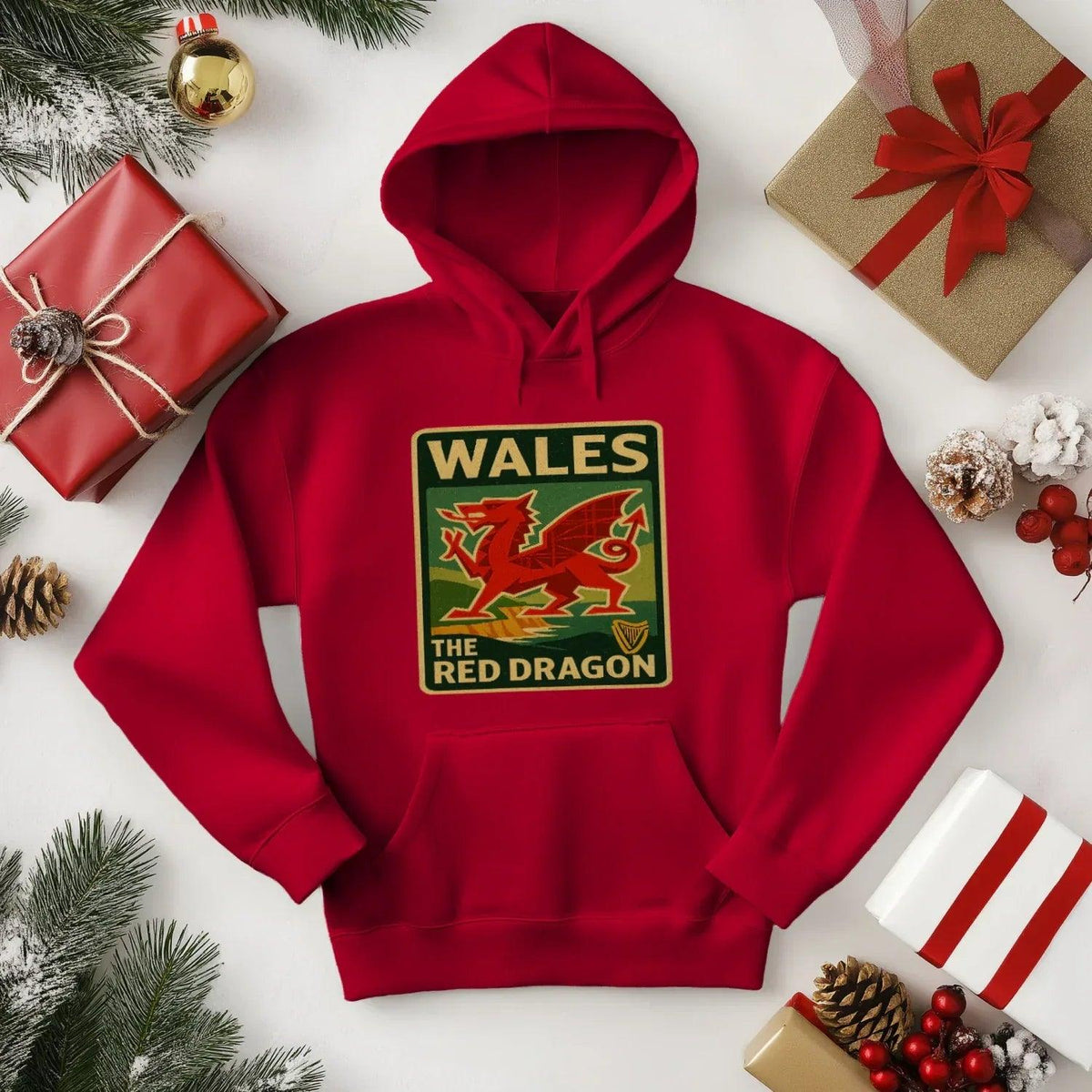 Welsh Dragon Hoodie - Red Badge Pouch Unisex Streetwear - Celtic Wolfwear