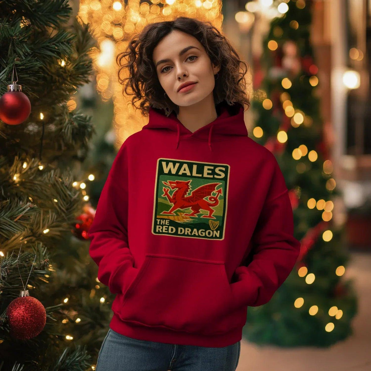 Welsh Dragon Hoodie - Red Badge Pouch Unisex Streetwear - Celtic Wolfwear