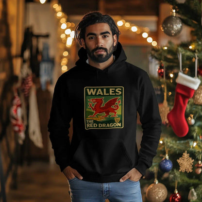 Welsh Dragon Hoodie - Red Badge Pouch Unisex Streetwear - Celtic Wolfwear