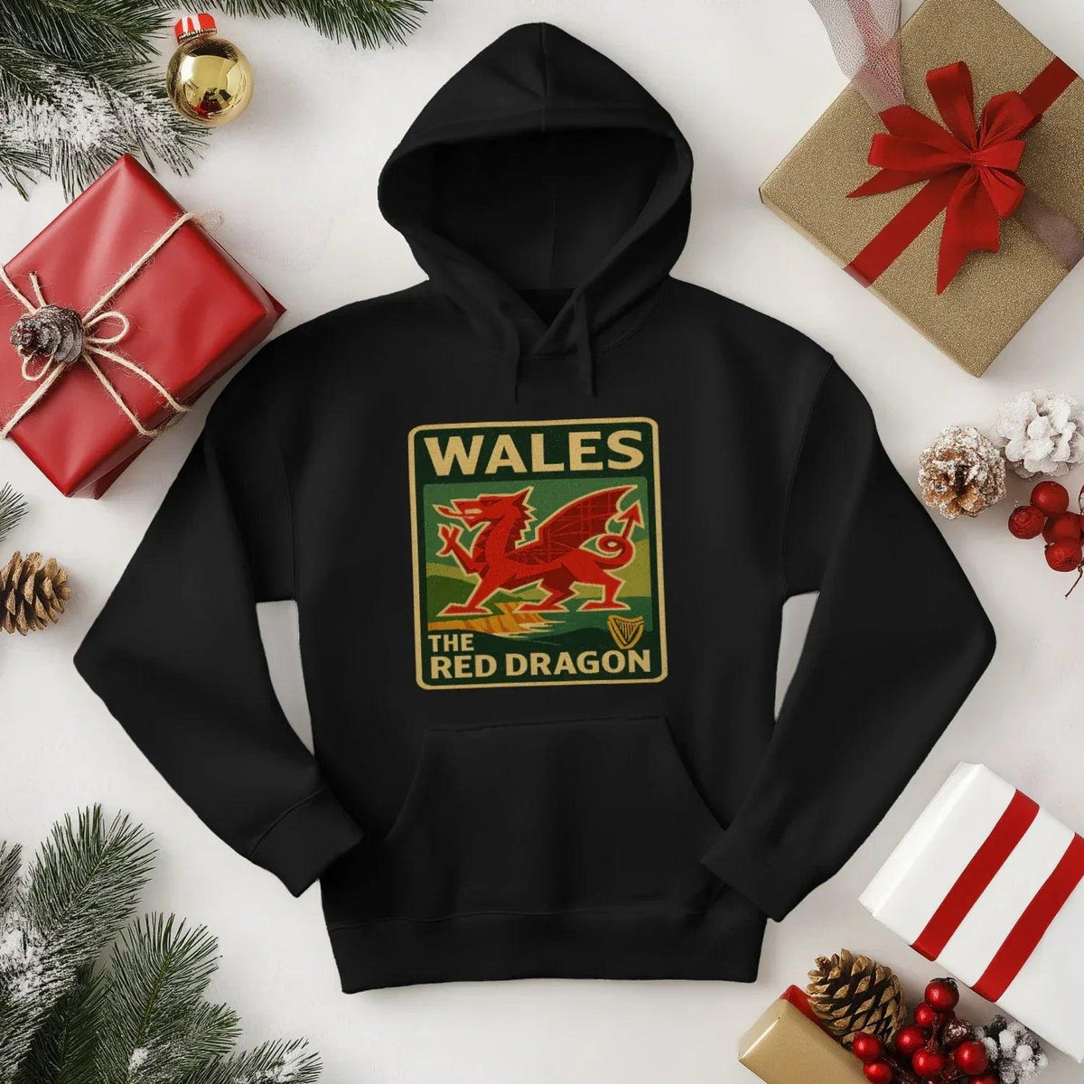 Welsh Dragon Hoodie - Red Badge Pouch Unisex Streetwear - Celtic Wolfwear