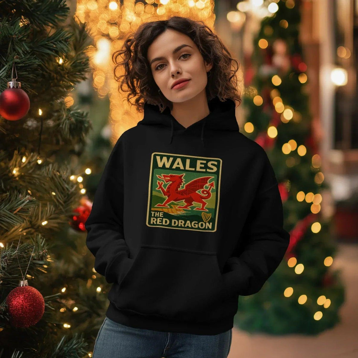Welsh Dragon Hoodie - Red Badge Pouch Unisex Streetwear - Celtic Wolfwear