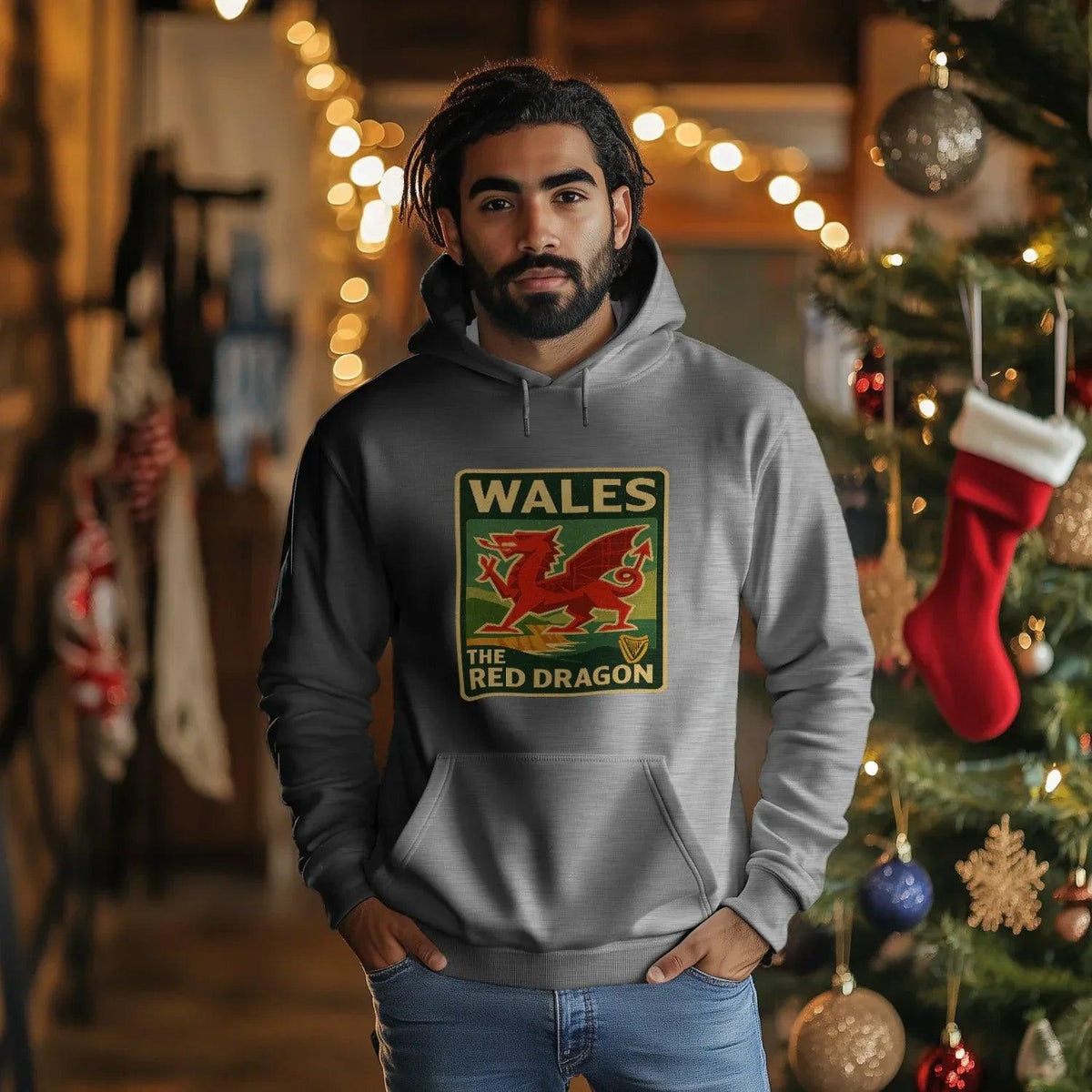 Welsh Dragon Hoodie - Red Badge Pouch Unisex Streetwear - Celtic Wolfwear