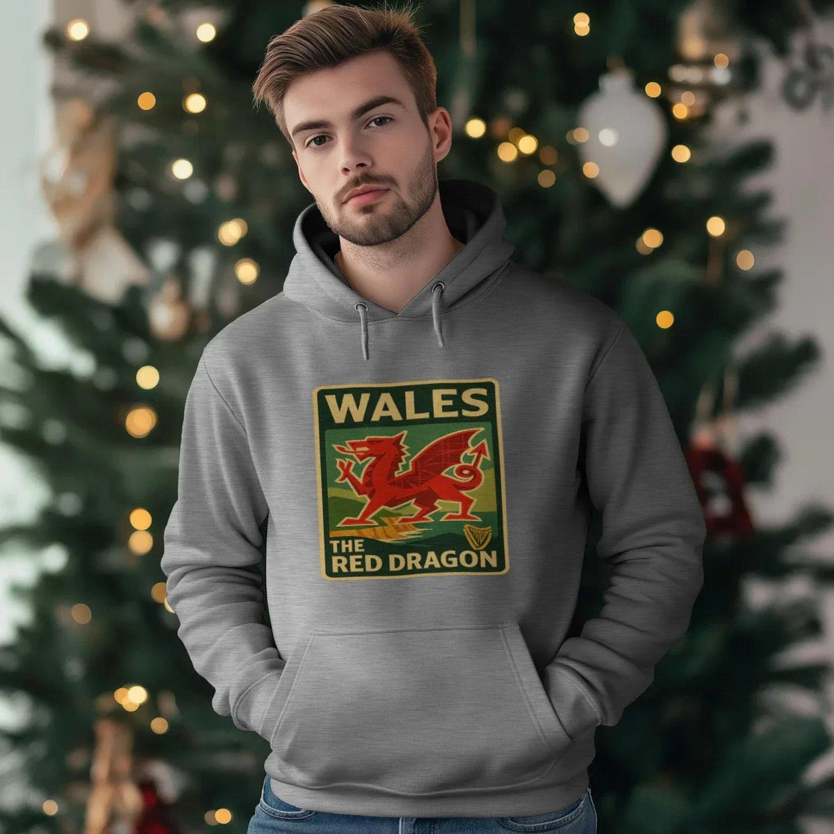 Welsh Dragon Hoodie - Red Badge Pouch Unisex Streetwear - Celtic Wolfwear