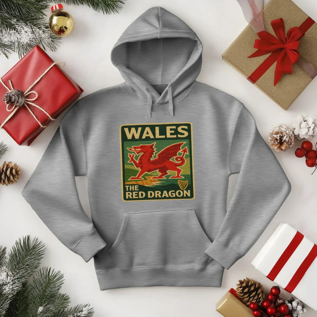 Welsh Dragon Hoodie - Red Badge Pouch Unisex Streetwear - Celtic Wolfwear