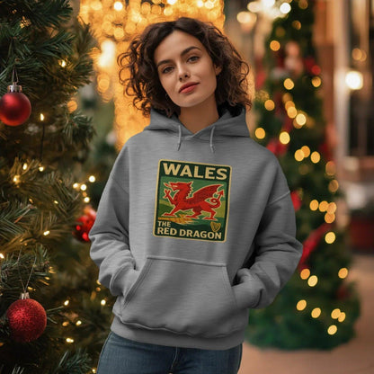 Welsh Dragon Hoodie - Red Badge Pouch Unisex Streetwear - Celtic Wolfwear