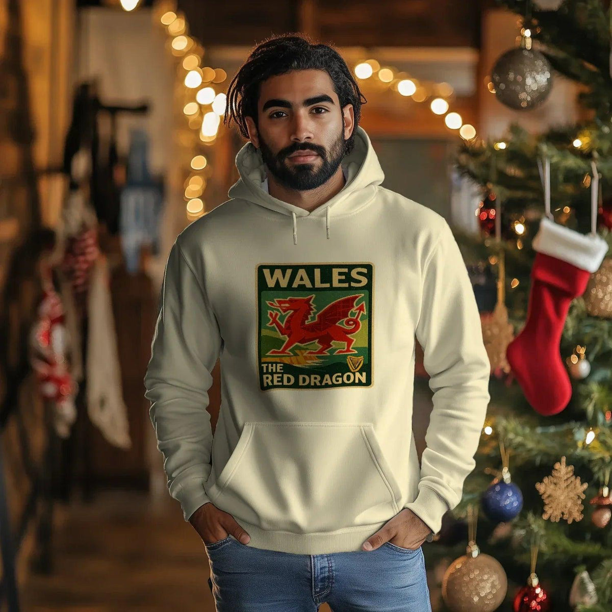 Welsh Dragon Hoodie - Red Badge Pouch Unisex Streetwear - Celtic Wolfwear
