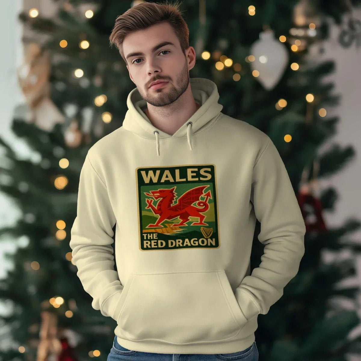 Welsh Dragon Hoodie - Red Badge Pouch Unisex Streetwear - Celtic Wolfwear