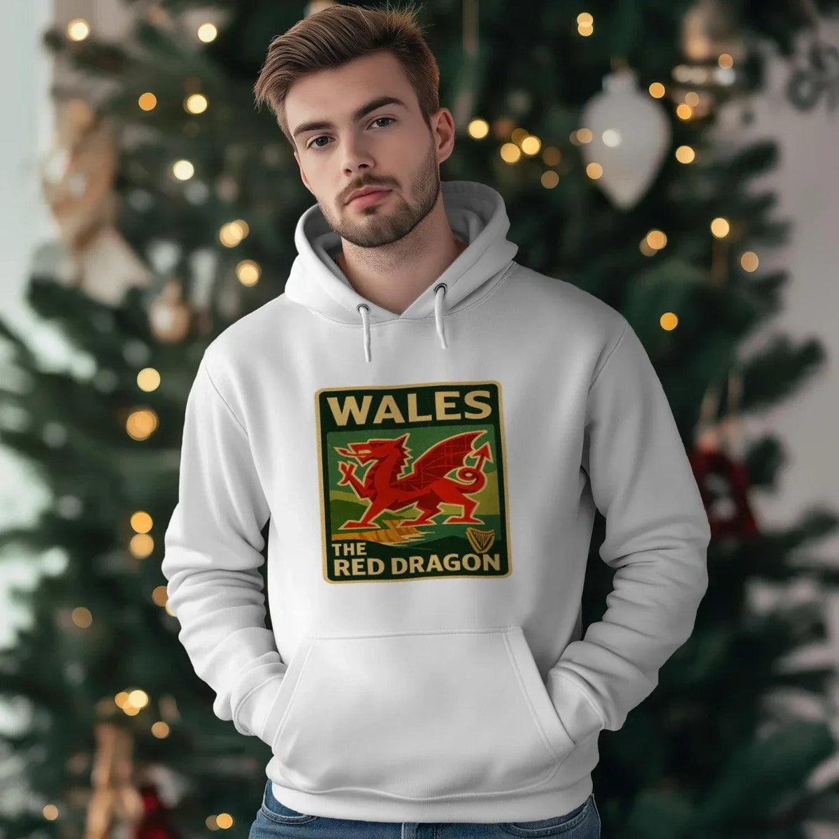 Welsh Dragon Hoodie - Red Badge Pouch Unisex Streetwear - Celtic Wolfwear