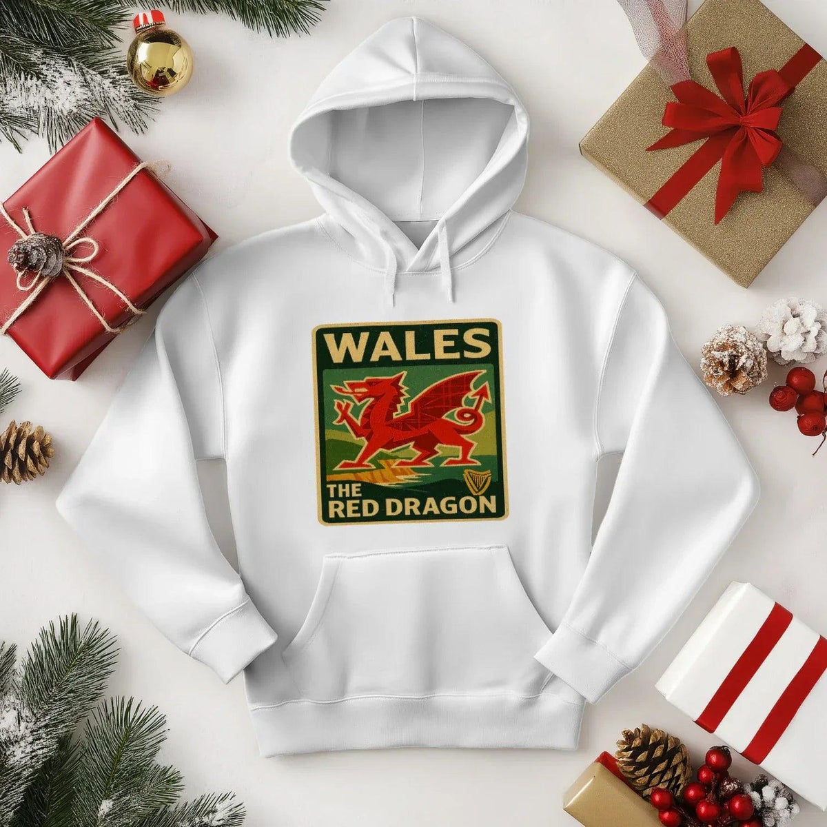Welsh Dragon Hoodie - Red Badge Pouch Unisex Streetwear - Celtic Wolfwear
