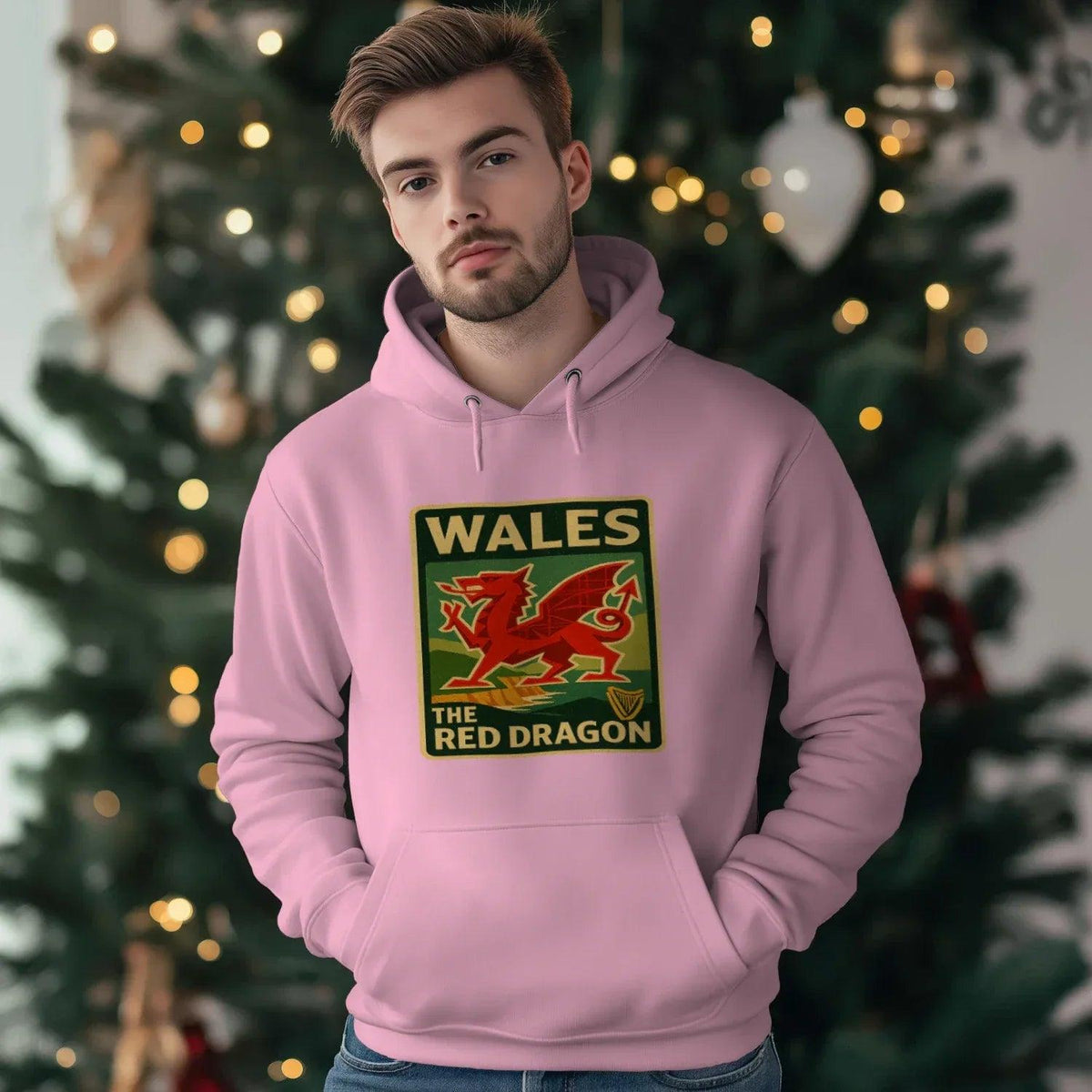 Welsh Dragon Hoodie - Red Badge Pouch Unisex Streetwear - Celtic Wolfwear
