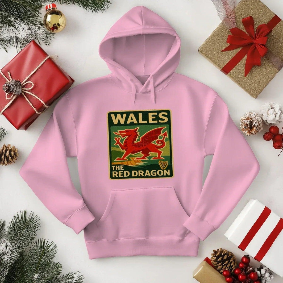 Welsh Dragon Hoodie - Red Badge Pouch Unisex Streetwear - Celtic Wolfwear