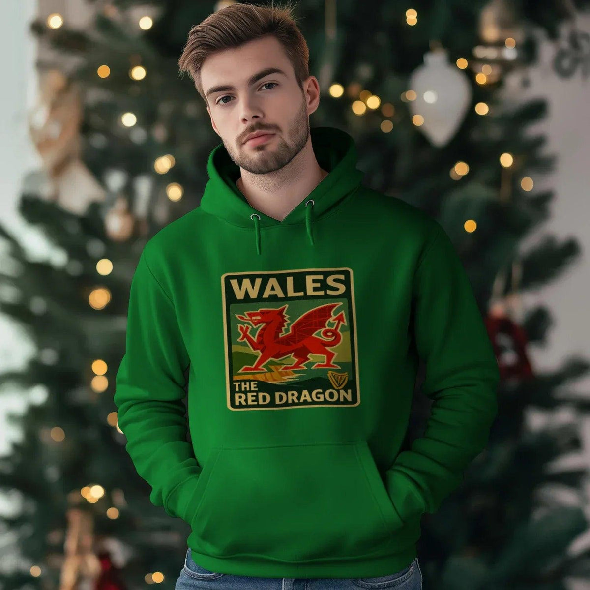 Welsh Dragon Hoodie - Red Badge Pouch Unisex Streetwear - Celtic Wolfwear