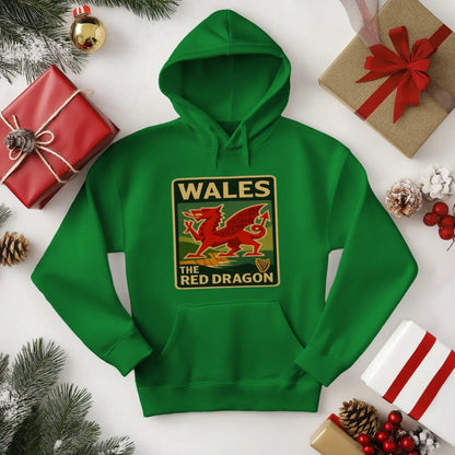 Welsh Dragon Hoodie - Red Badge Pouch Unisex Streetwear - Celtic Wolfwear